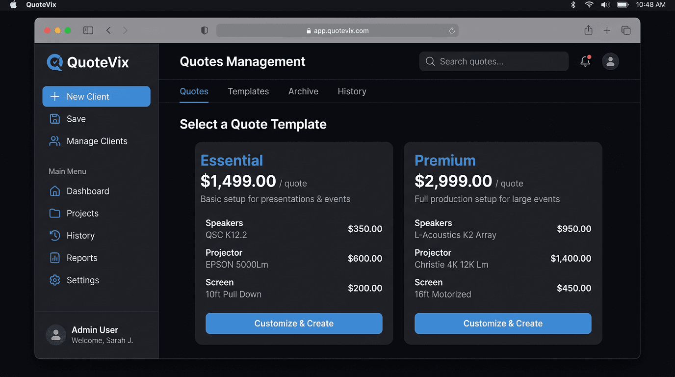 QuoteVix admin dashboard — build quotes with options and categories